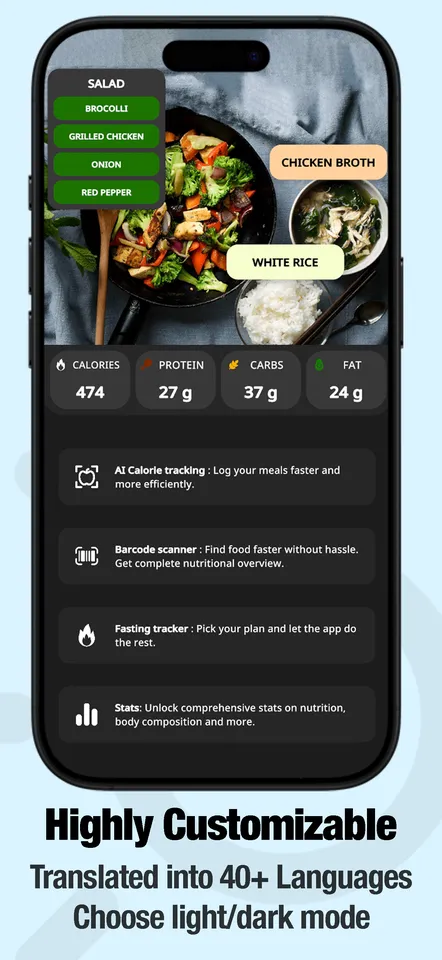 Food Cal AI — the daily calorie ring and meal list, the AI food scanner, a full macro and micronutrient breakdown, statistics over time, and the intermittent fasting timer